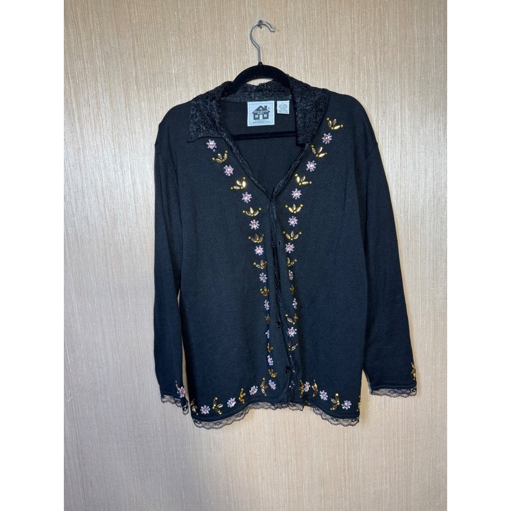 Storybook‎ Knits Black Beaded Embellished Cardigan Lace Trim Womens Size L